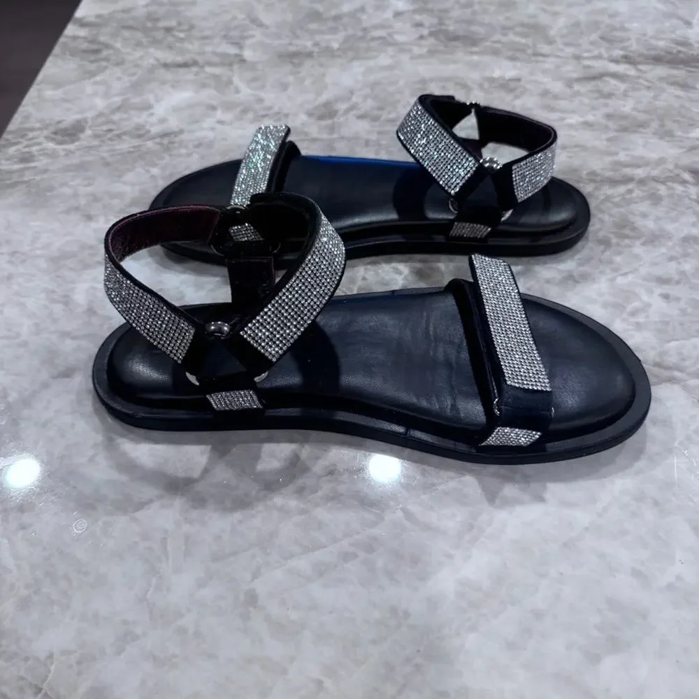 STAUD Black Flat rhinestone Sandals with Velcro closures size 39 - Picture 9 of 14